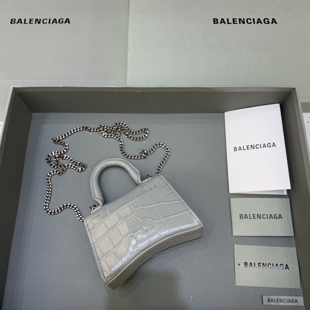 Balenciaga Hourglass Mini Handbag With Chain Crocodile Embossed Shoulder Bag Gray